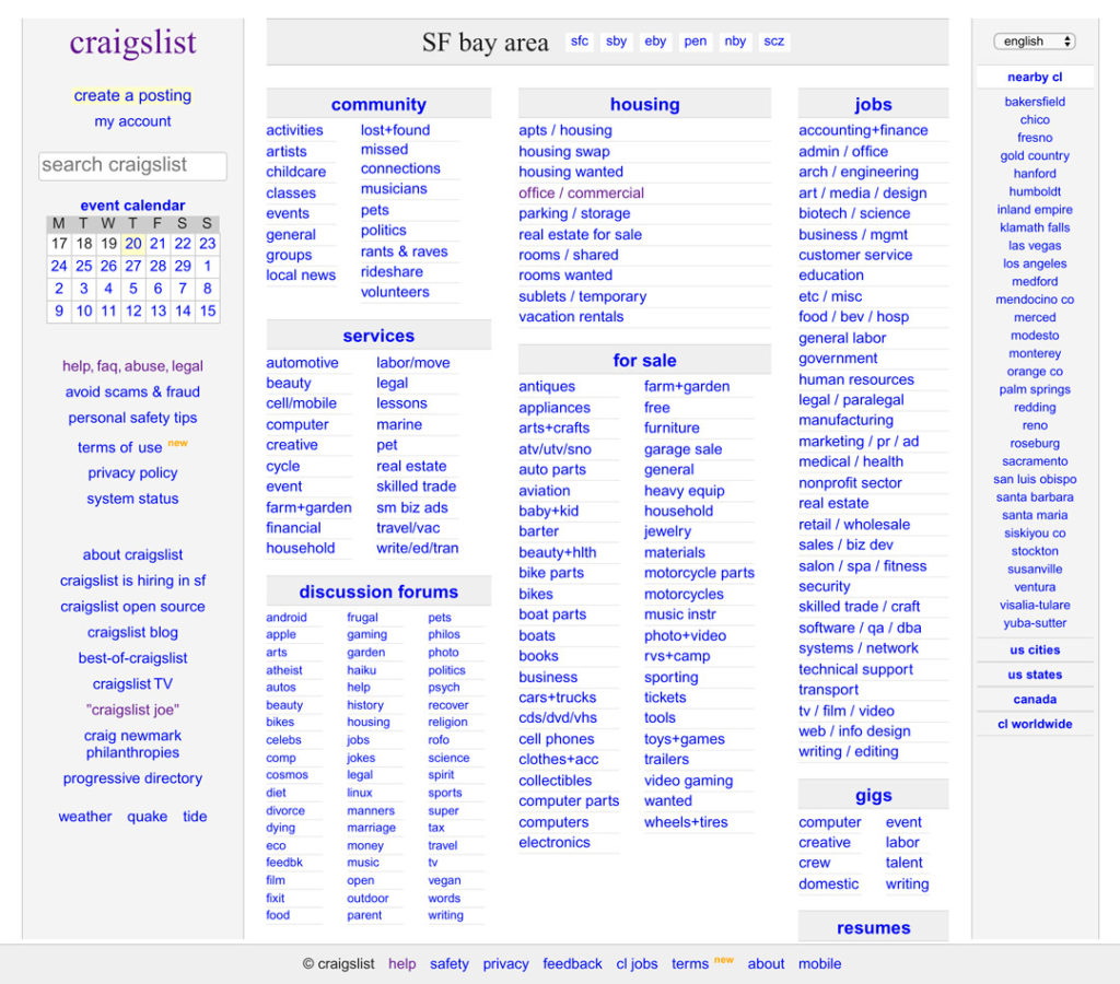 Craigslist's home page